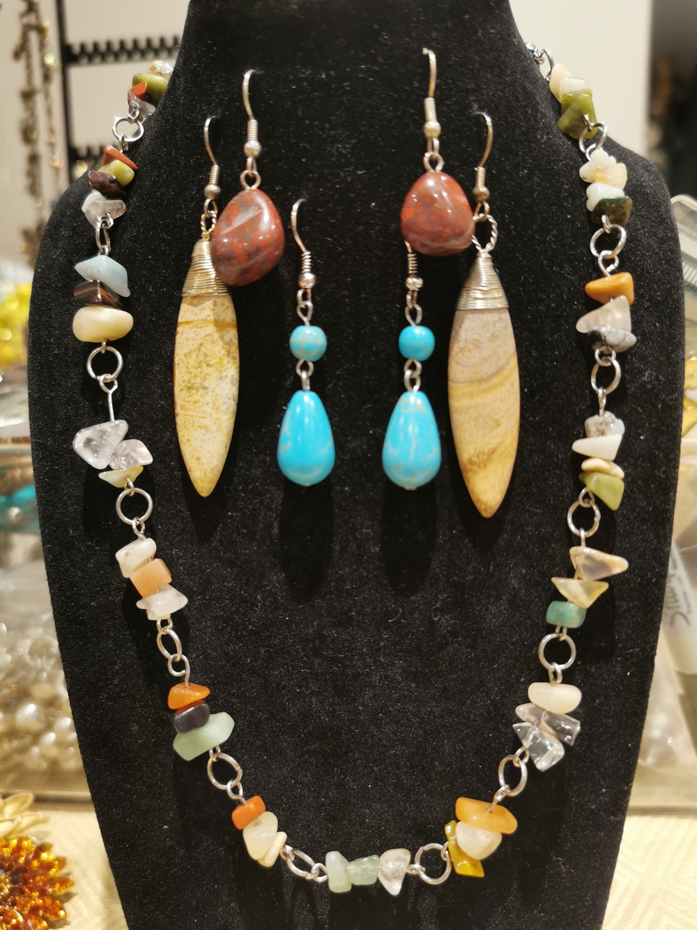 Handmade Genuine MultiStone Chip Necklace with 3 sets of stone Earrings